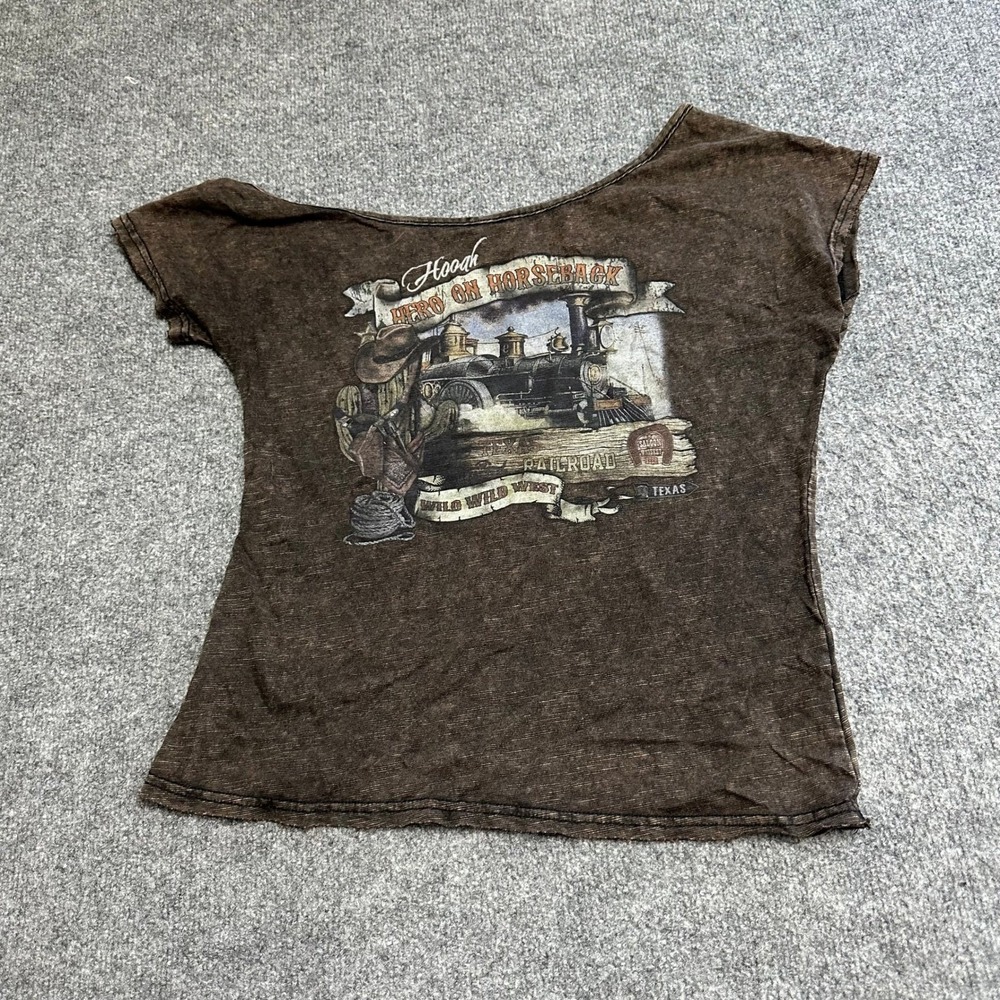 Unbranded T-Shirt Womens Size M Brown Western Graphic Acid Wash Scoop Neck Tee